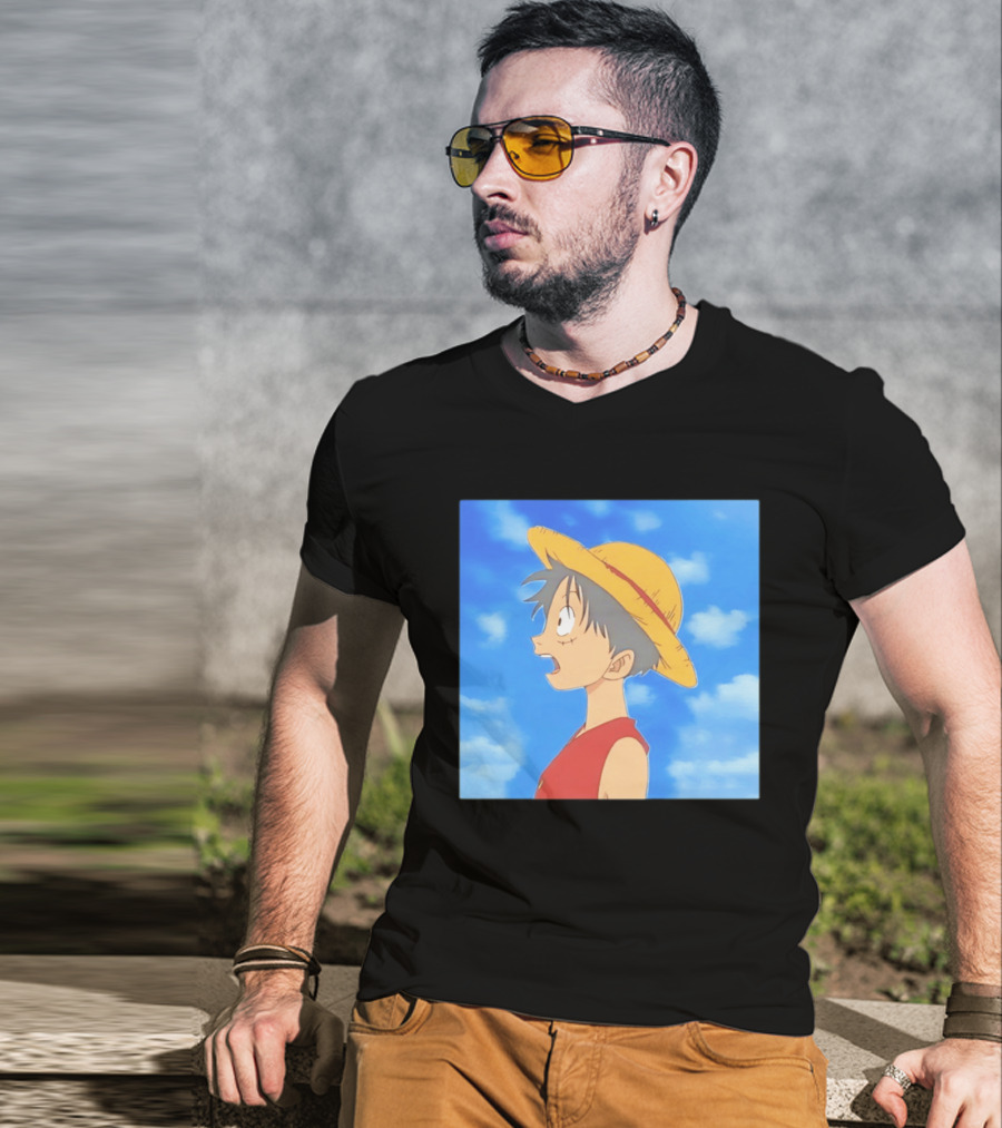 Monkey D Luffy Sky Gazing Red Vest Yellow Straw Hat Anime Scene Clouds Blue Sky T-Shirt