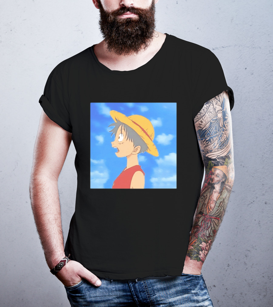 Monkey D Luffy Sky Gazing Red Vest Yellow Straw Hat Anime Scene Clouds Blue Sky T-Shirt