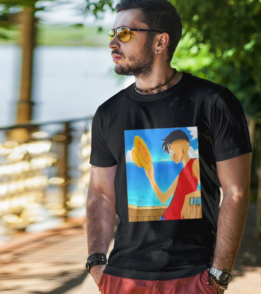 One Piece Luffy Taper Fade Anime Manga Straw Hat Ocean Scene T-Shirt