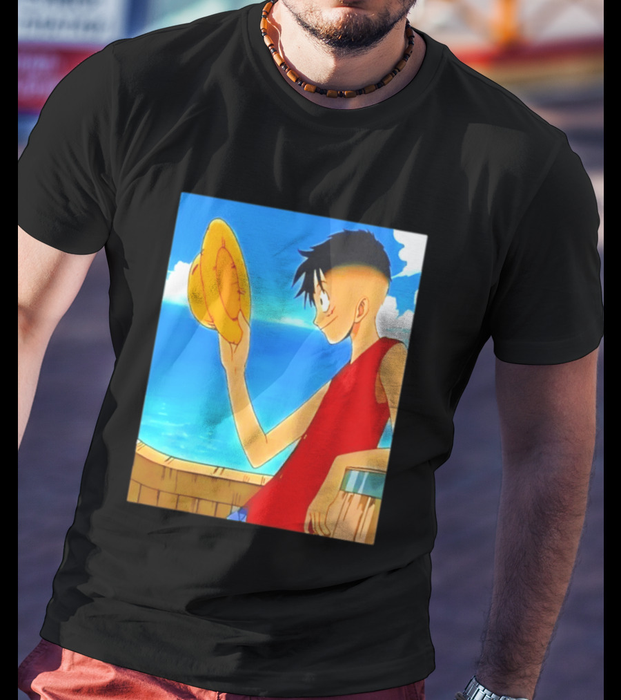 One Piece Luffy Taper Fade Anime Manga Straw Hat Ocean Scene T-Shirt