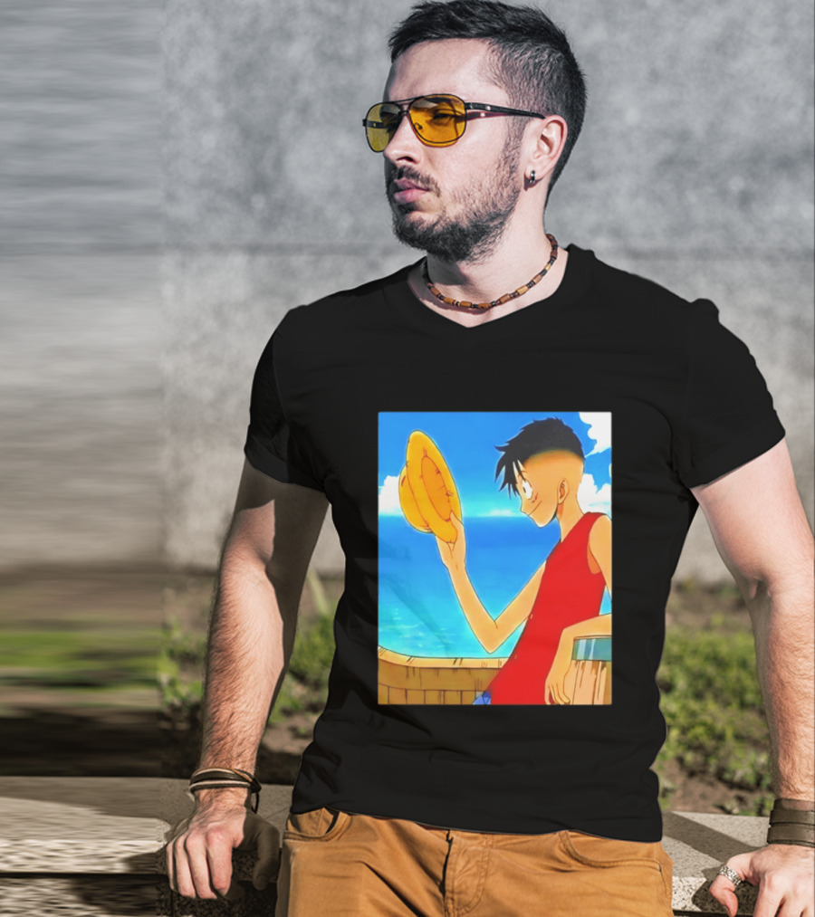 One Piece Luffy Taper Fade Anime Manga Straw Hat Ocean Scene T-Shirt