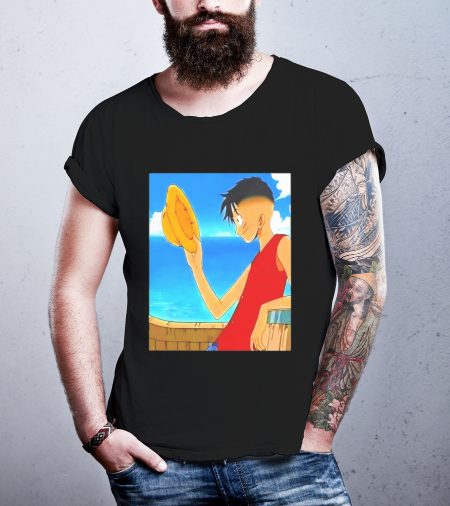 One Piece Luffy Taper Fade Anime Manga Straw Hat Ocean Scene T-Shirt