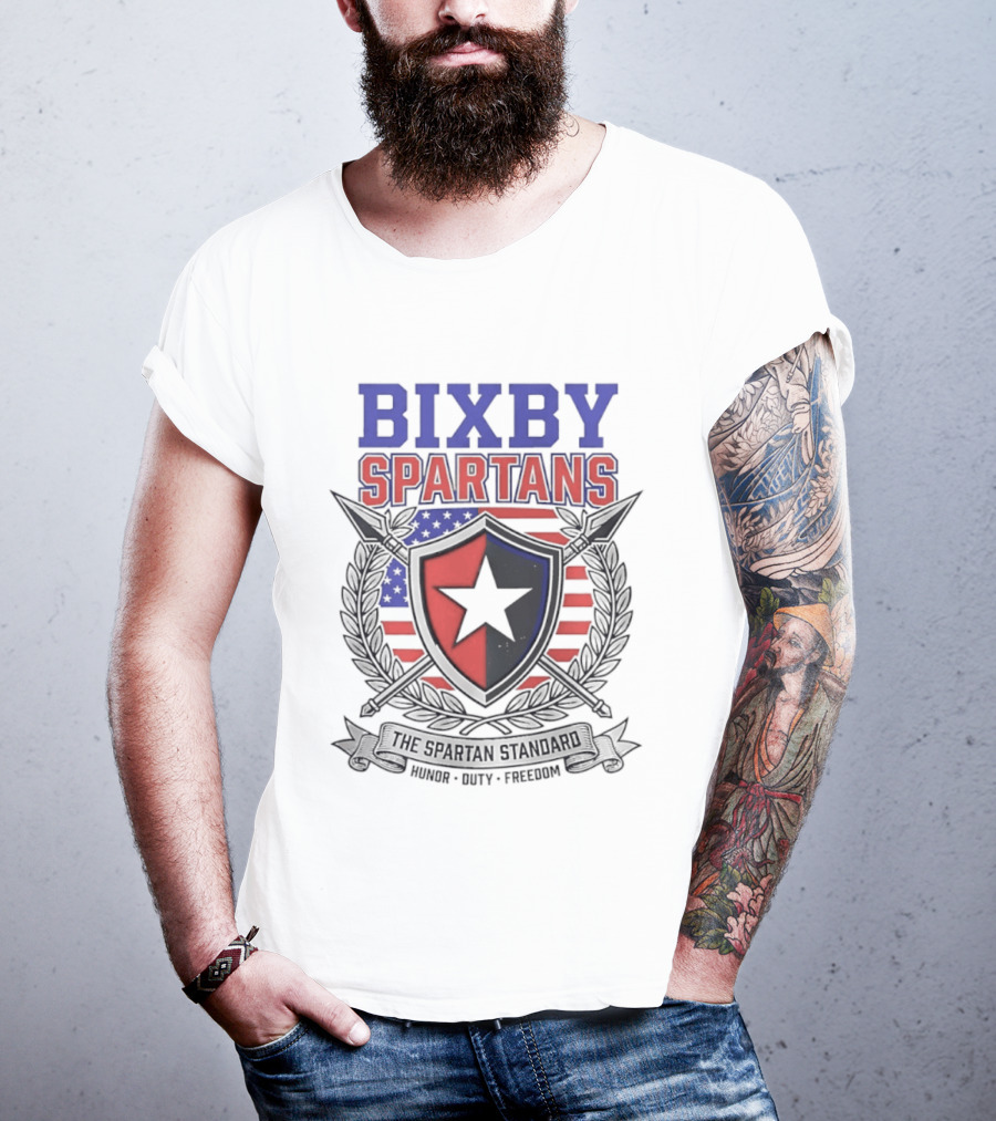 Bixby Spartans Honor Duty Freedom American Flag Shield T-Shirt