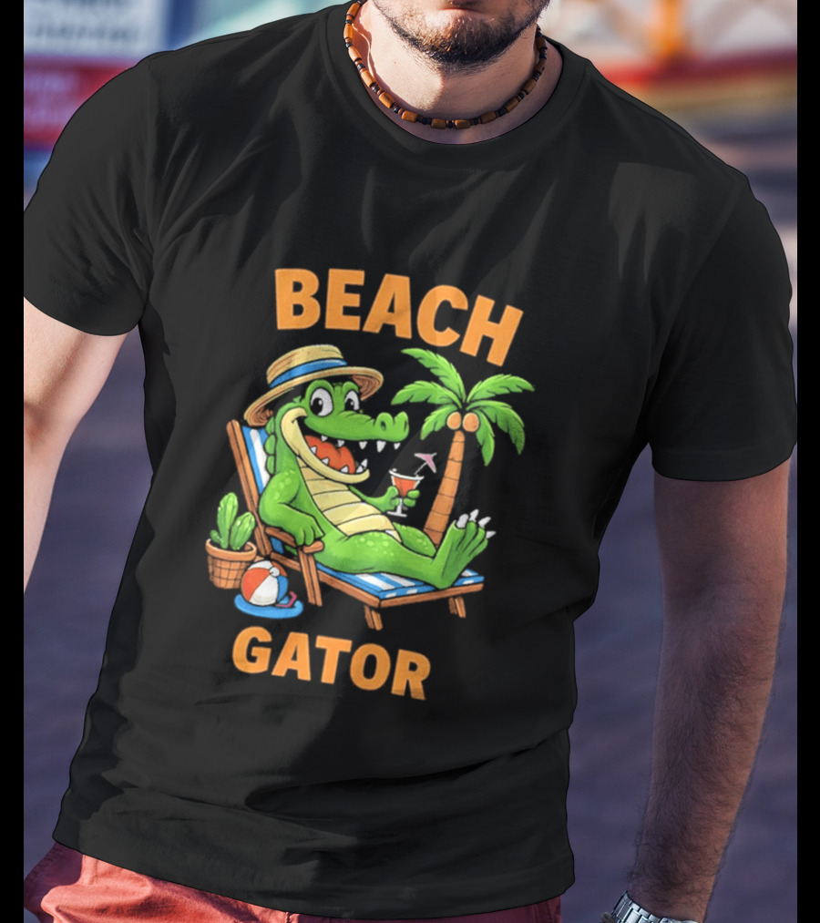 Beach Gator Tropical Alligator Vacation Relaxing With Cocktail Palm Tree T-Shirt