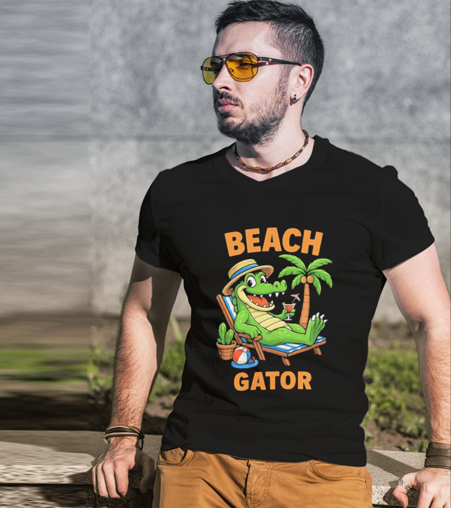 Beach Gator Tropical Alligator Vacation Relaxing With Cocktail Palm Tree T-Shirt