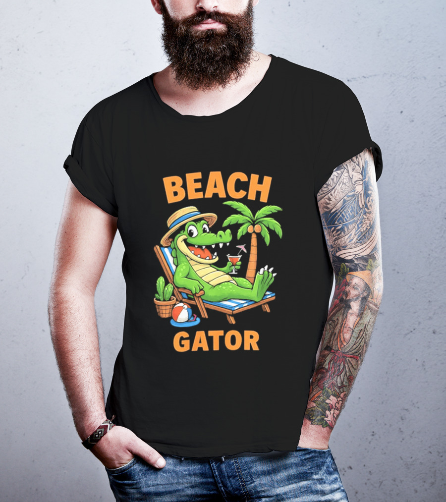 Beach Gator Tropical Alligator Vacation Relaxing With Cocktail Palm Tree T-Shirt