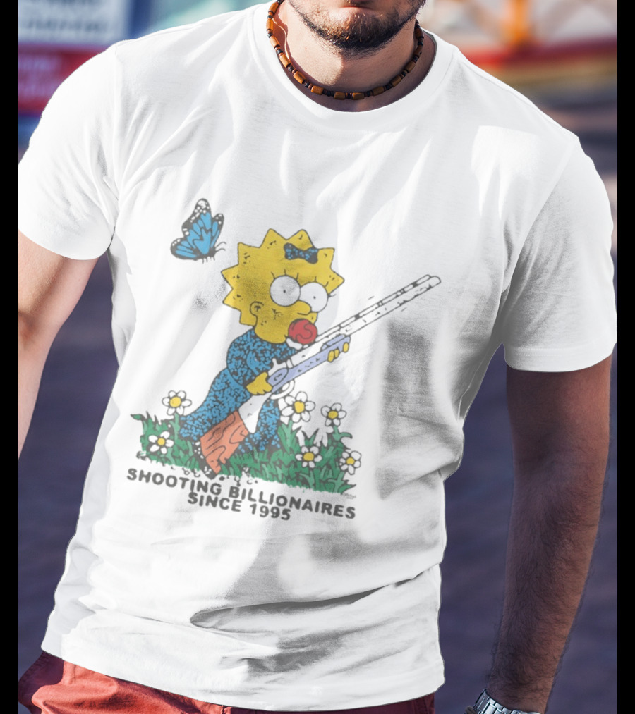 Maggie Simpson Shooting Billionaires Butterfly And Flowers Since 1995 T-Shirt