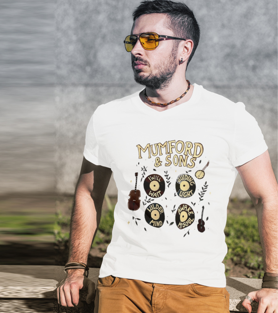 Mumford And Sons I Will Wait Guiding Light Wilder Mind Awake My Soul Vinyl Record Banjo Guitar T-Shirt