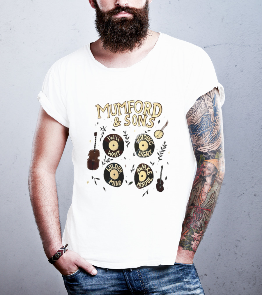 Mumford And Sons I Will Wait Guiding Light Wilder Mind Awake My Soul Vinyl Record Banjo Guitar T-Shirt