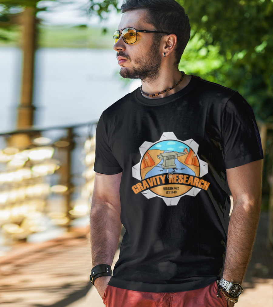 Acme Gravity Research Version 962 Est 1949 Cartoon Desert Road Scene T-Shirt