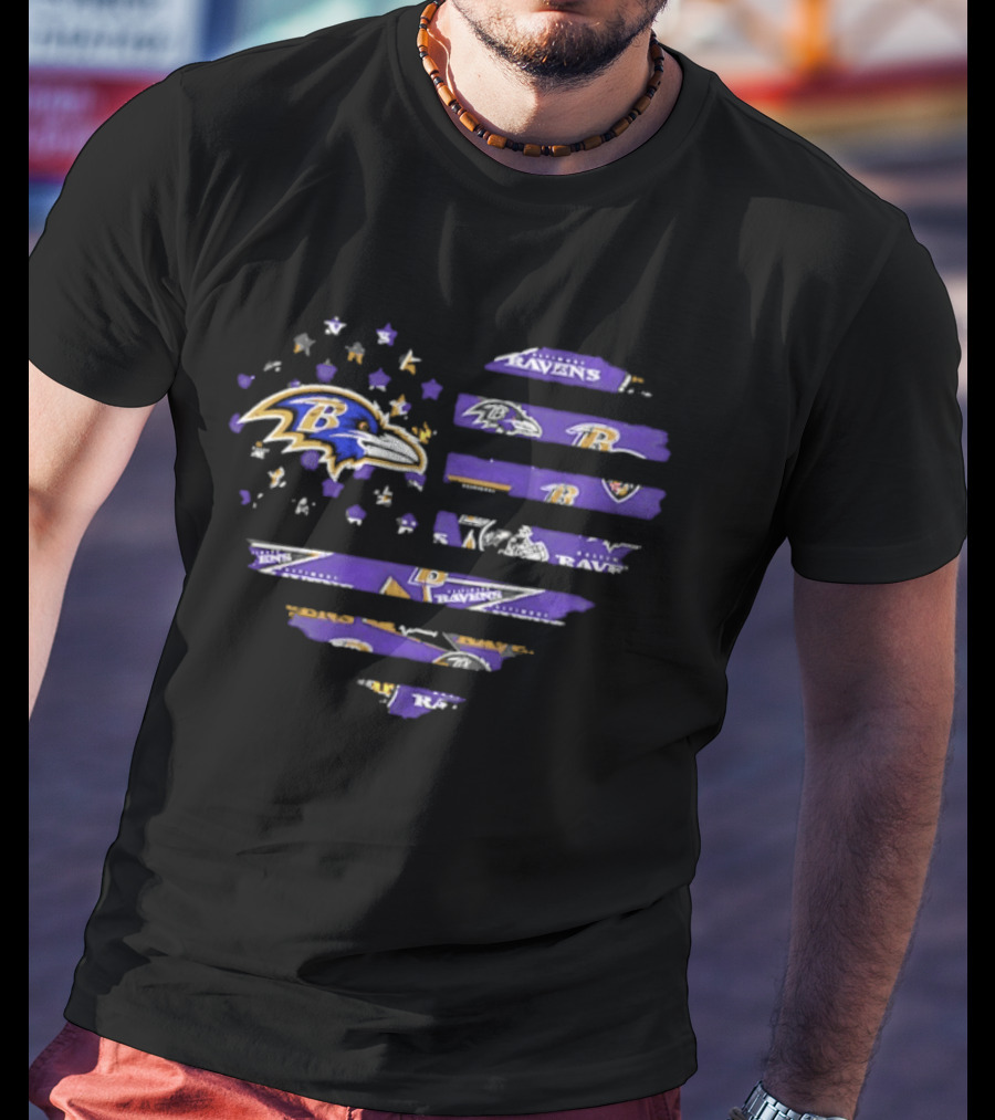 Baltimore Ravens 2026 Season American Flag Heart Ravens Logo Stars Stripes T-Shirt