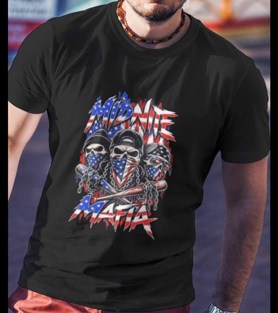 Midnite Mafia Skulls American Flag Bandanas Baseball Bats Chains T-Shirt