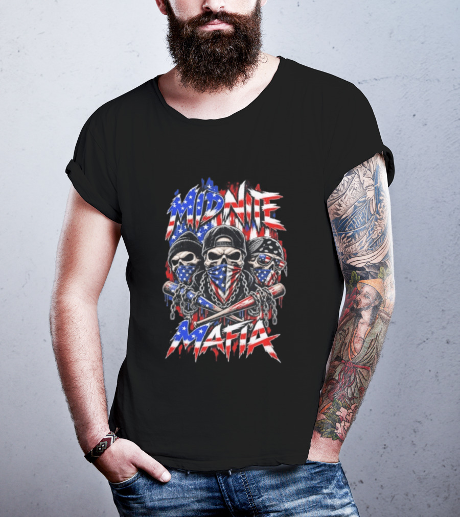Midnite Mafia Skulls American Flag Bandanas Baseball Bats Chains T-Shirt