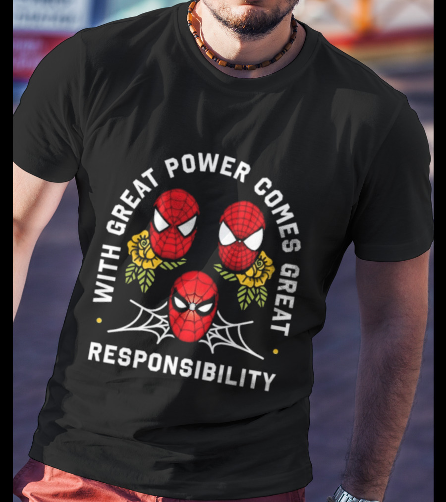 With Great Power Comes Great Responsibility Spider Man Masks Webs Flowers T-Shirt