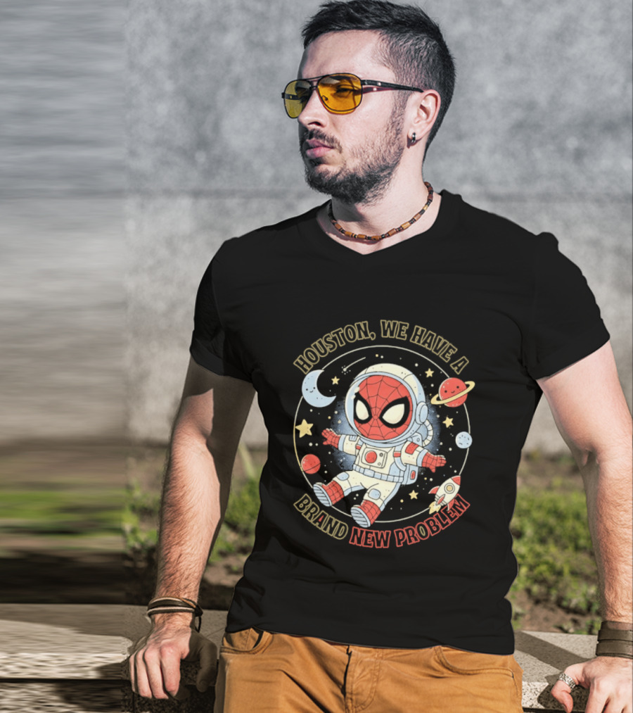 Houston We Have A Brand New Problem Spider Man Astronaut Moon Stars Planets T-Shirt