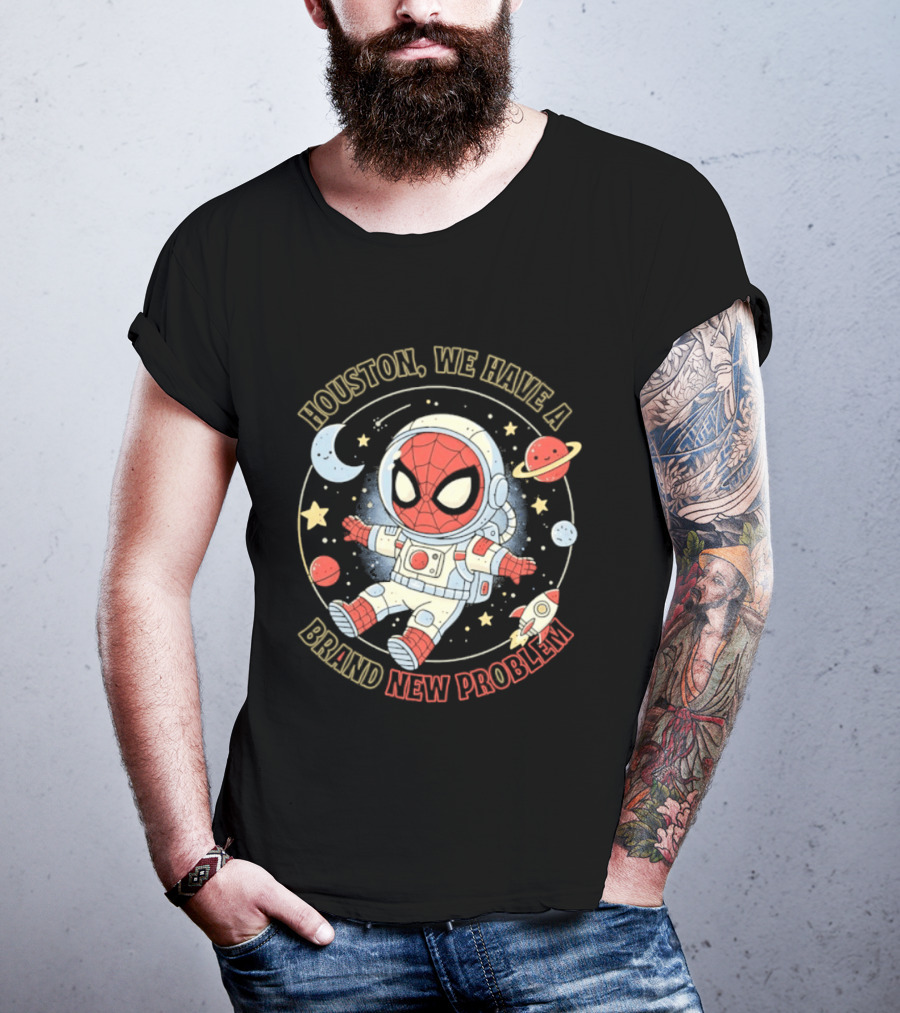 Houston We Have A Brand New Problem Spider Man Astronaut Moon Stars Planets T-Shirt