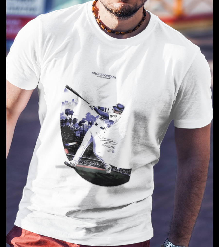Shohei Ohtani 17 Los Angeles Angels MLB Slugger Swing Two Sided T-Shirt