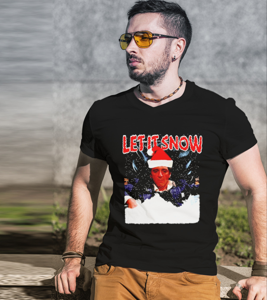 Let It Snow Al Pacino Scarface Tony Montana Snowflakes Santa Hat T-Shirt