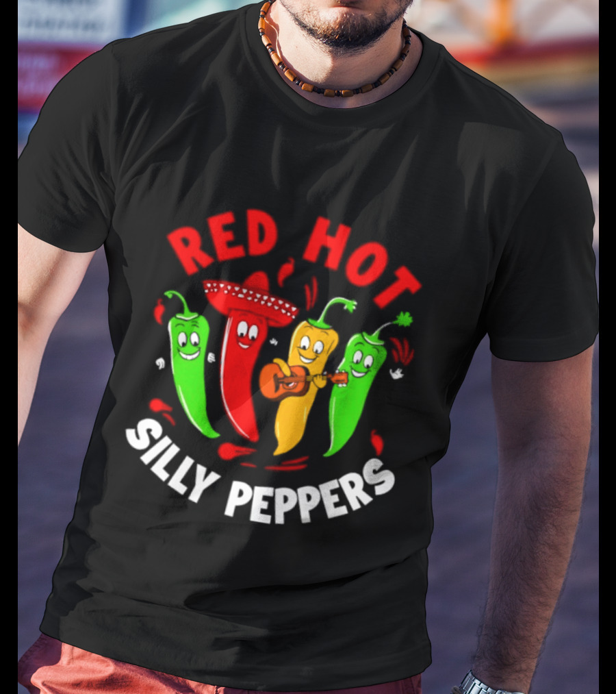 Red Hot Silly Peppers Band With Colorful Chili Cartoon Characters Playing Guitar T-Shirt