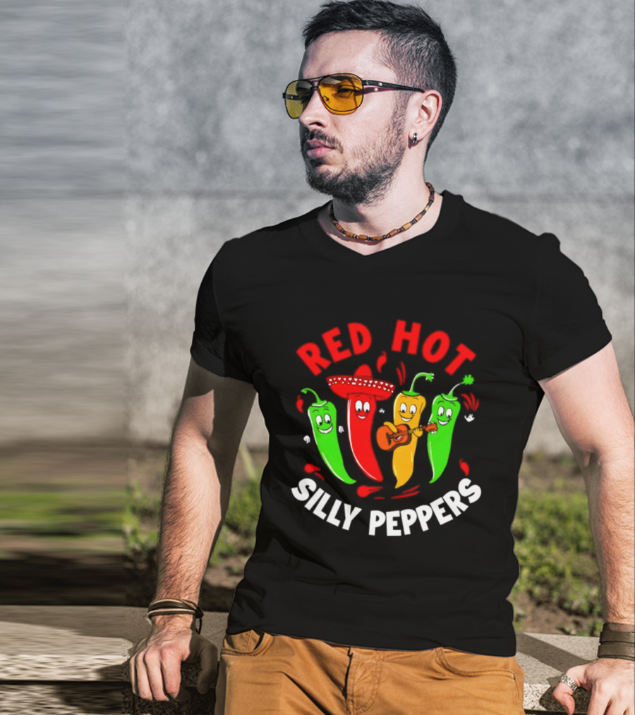 Red Hot Silly Peppers Band With Colorful Chili Cartoon Characters Playing Guitar T-Shirt