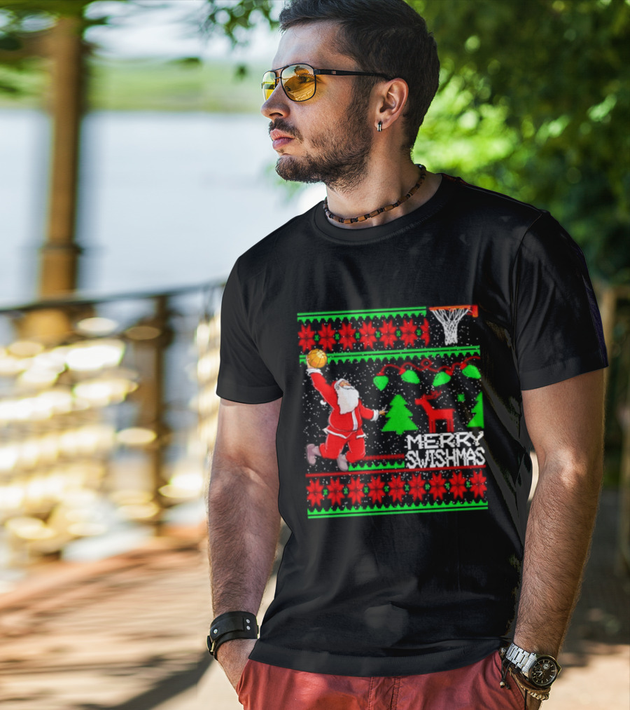 Santa Claus Dunking Basketball Ugly Christmas Sweater Merry Swishmas T-Shirt