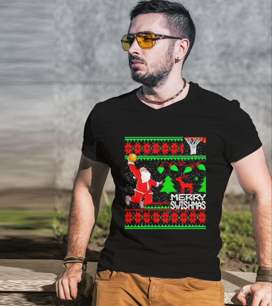 Santa Claus Dunking Basketball Ugly Christmas Sweater Merry Swishmas T-Shirt