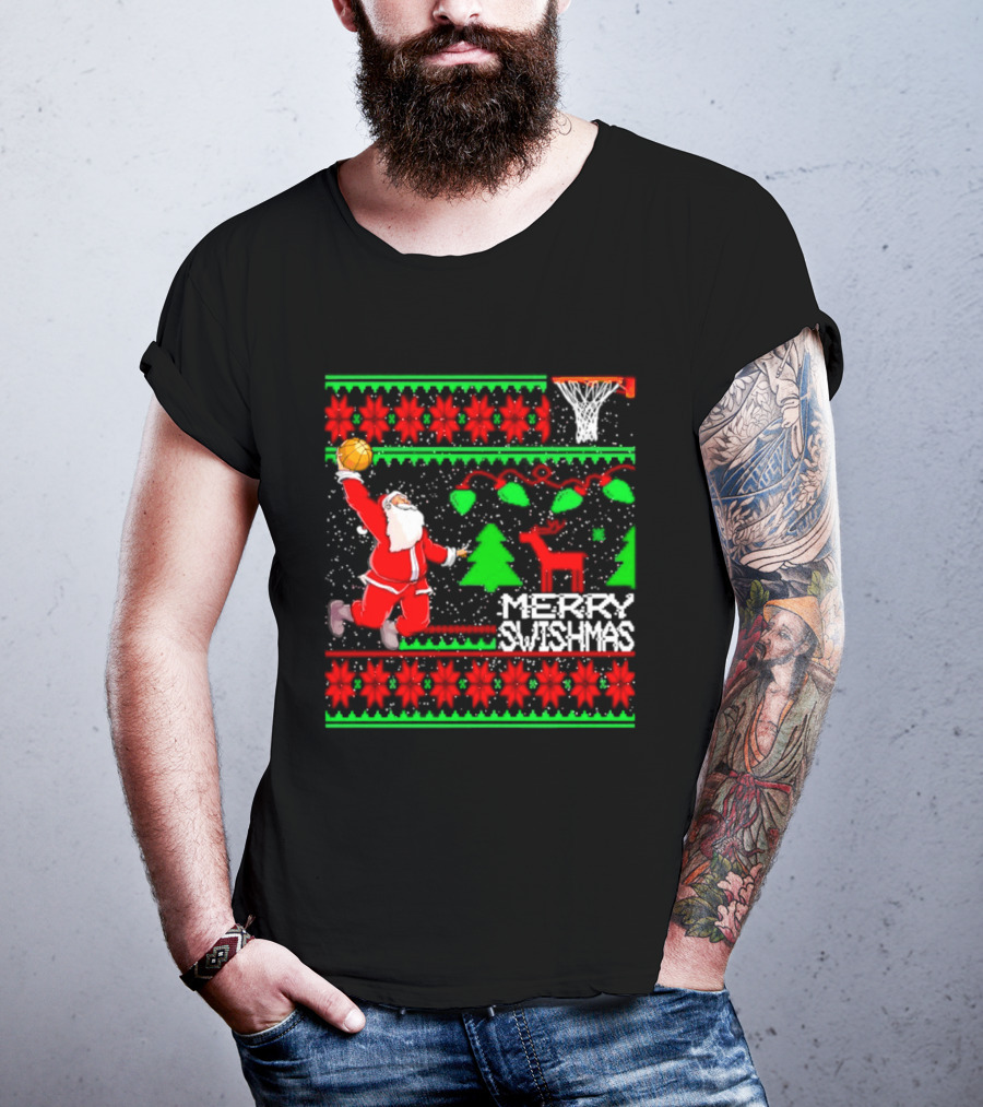 Santa Claus Dunking Basketball Ugly Christmas Sweater Merry Swishmas T-Shirt