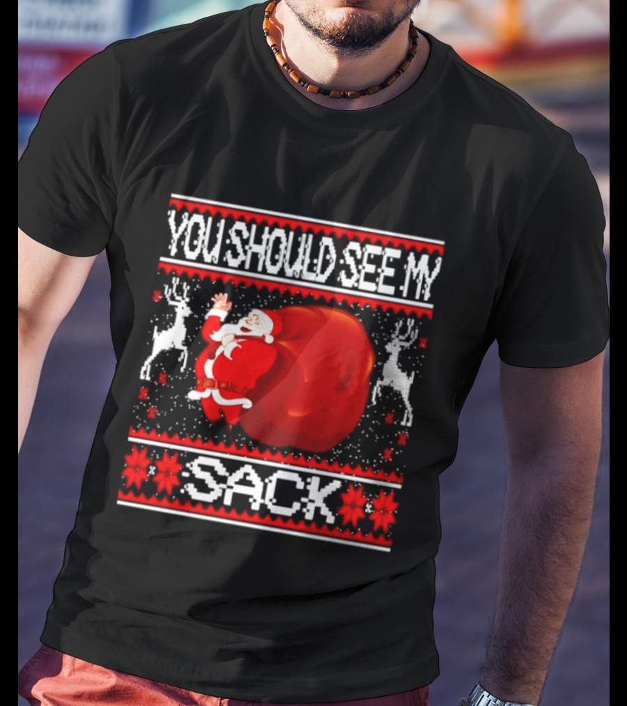 You Should See My Sack Santa Claus Ugly Christmas Reindeer Snowflakes T-Shirt