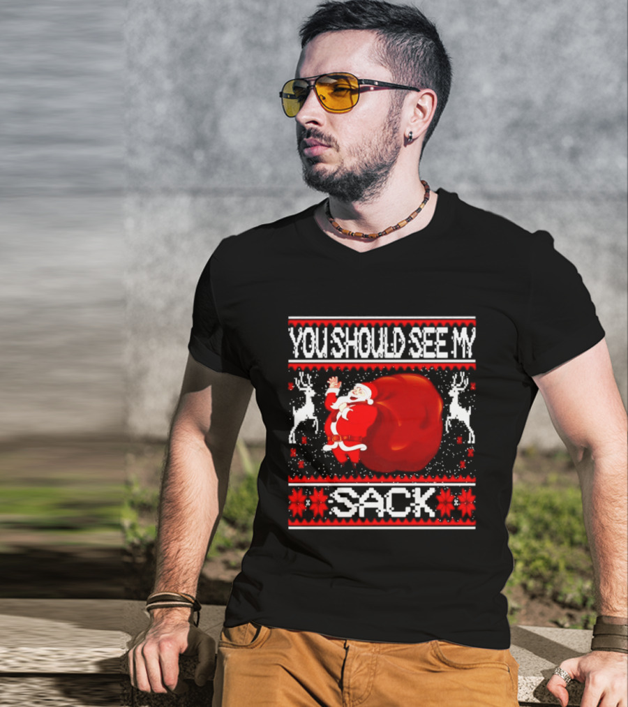 You Should See My Sack Santa Claus Ugly Christmas Reindeer Snowflakes T-Shirt