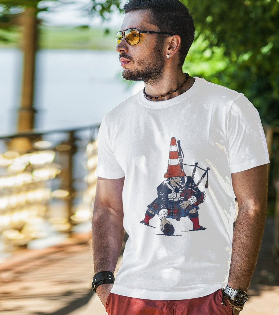 Bagpipes Player With Traffic Cone Hat Scottish Kilt Outfit T-Shirt