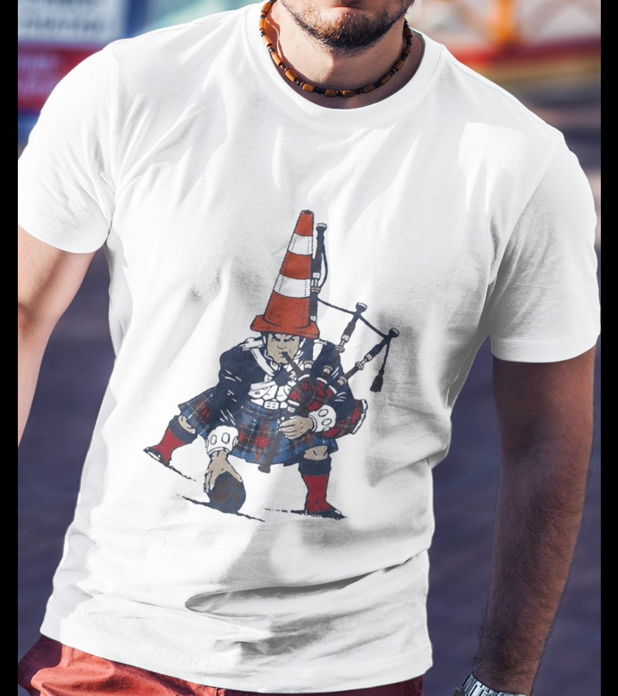 Bagpipes Player With Traffic Cone Hat Scottish Kilt Outfit T-Shirt