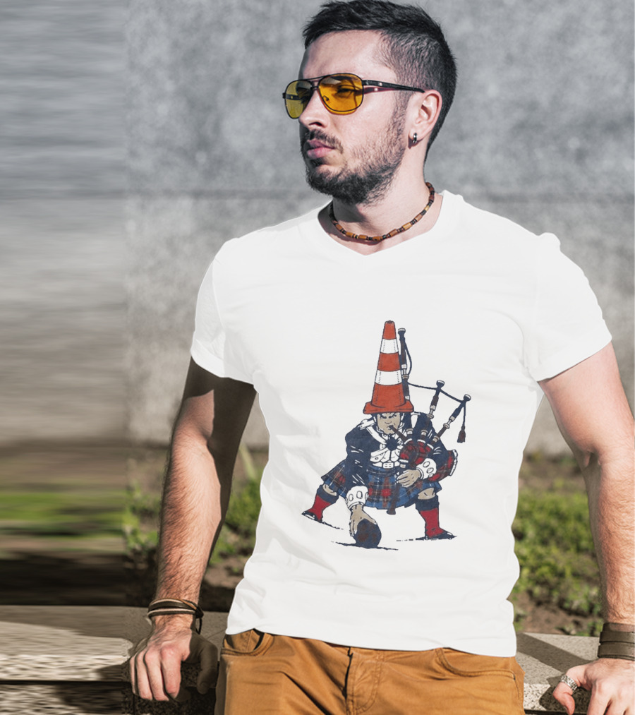 Bagpipes Player With Traffic Cone Hat Scottish Kilt Outfit T-Shirt