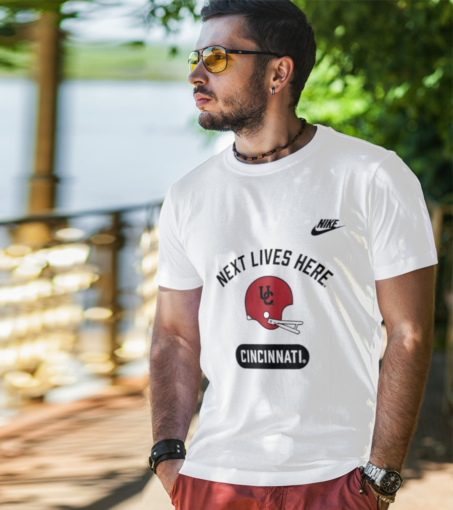 Next Lives Here Cincinnati UC Football Helmet Nike T-Shirt