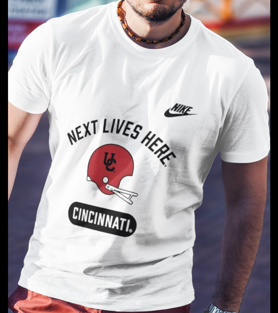 Next Lives Here Cincinnati UC Football Helmet Nike T-Shirt