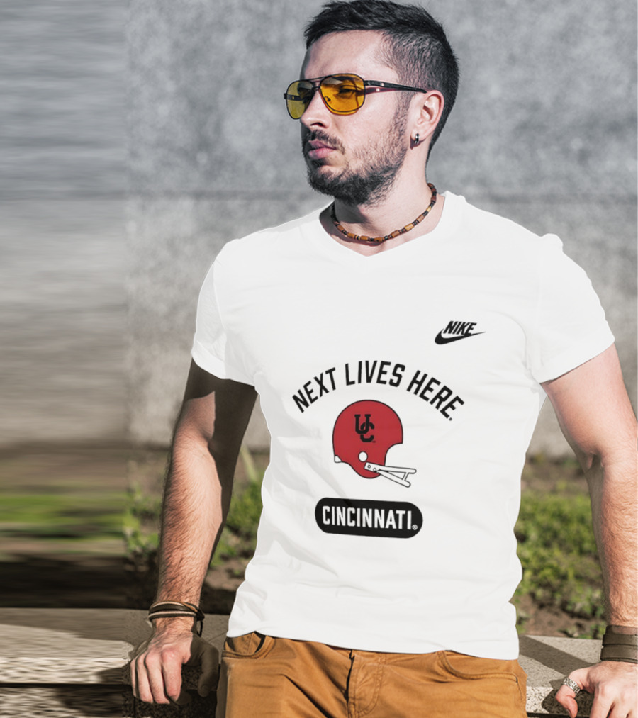 Next Lives Here Cincinnati UC Football Helmet Nike T-Shirt