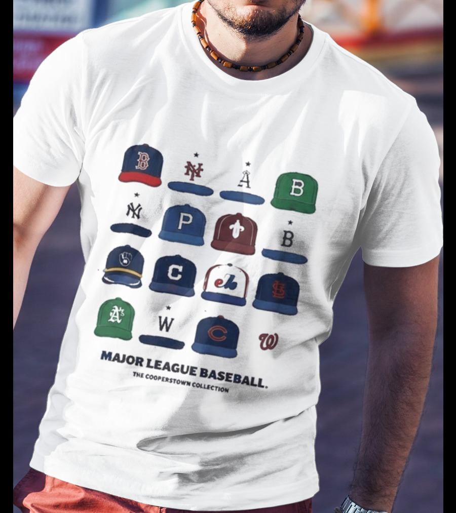 Major League Baseball Cooperstown Collection Cap Collage Featuring Historic Team Logos T-Shirt