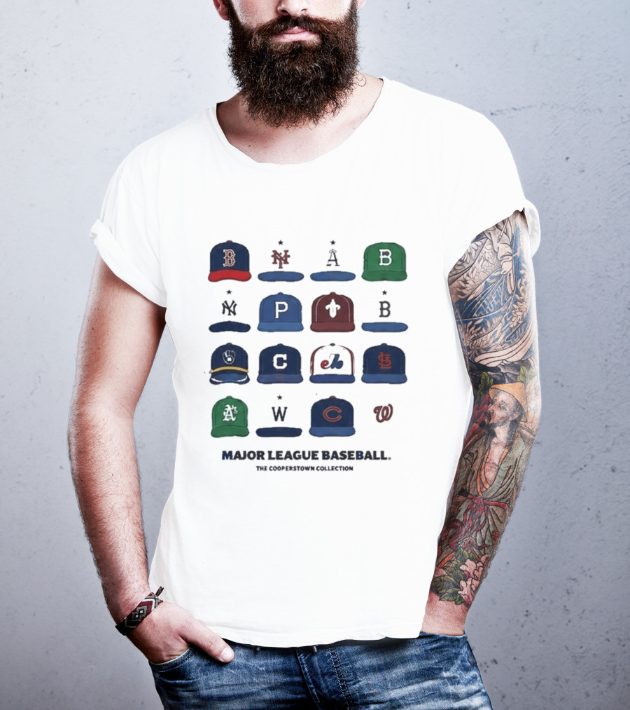 Major League Baseball Cooperstown Collection Cap Collage Featuring Historic Team Logos T-Shirt