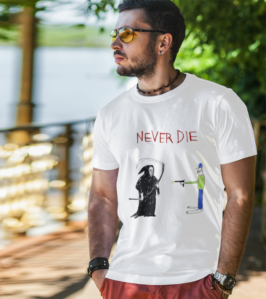 Never Die Grim Reaper Confronts Armed Man Drawing T-Shirt