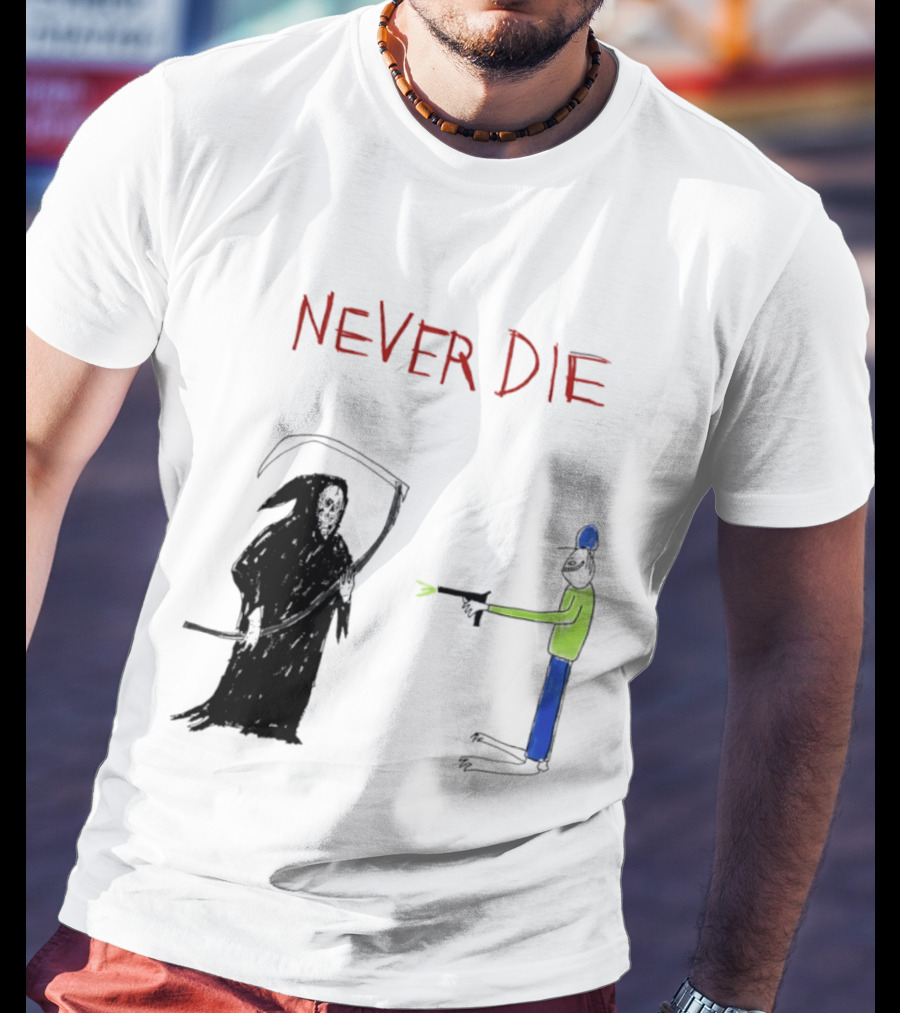 Never Die Grim Reaper Confronts Armed Man Drawing T-Shirt