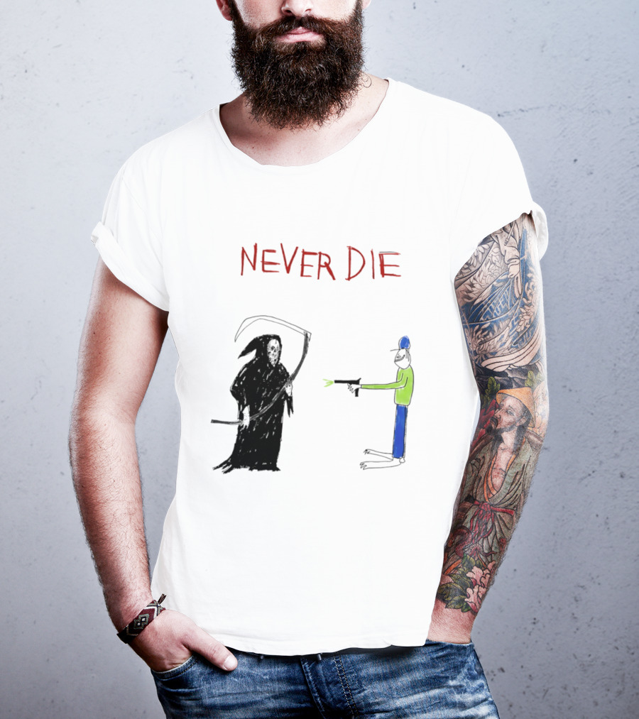 Never Die Grim Reaper Confronts Armed Man Drawing T-Shirt