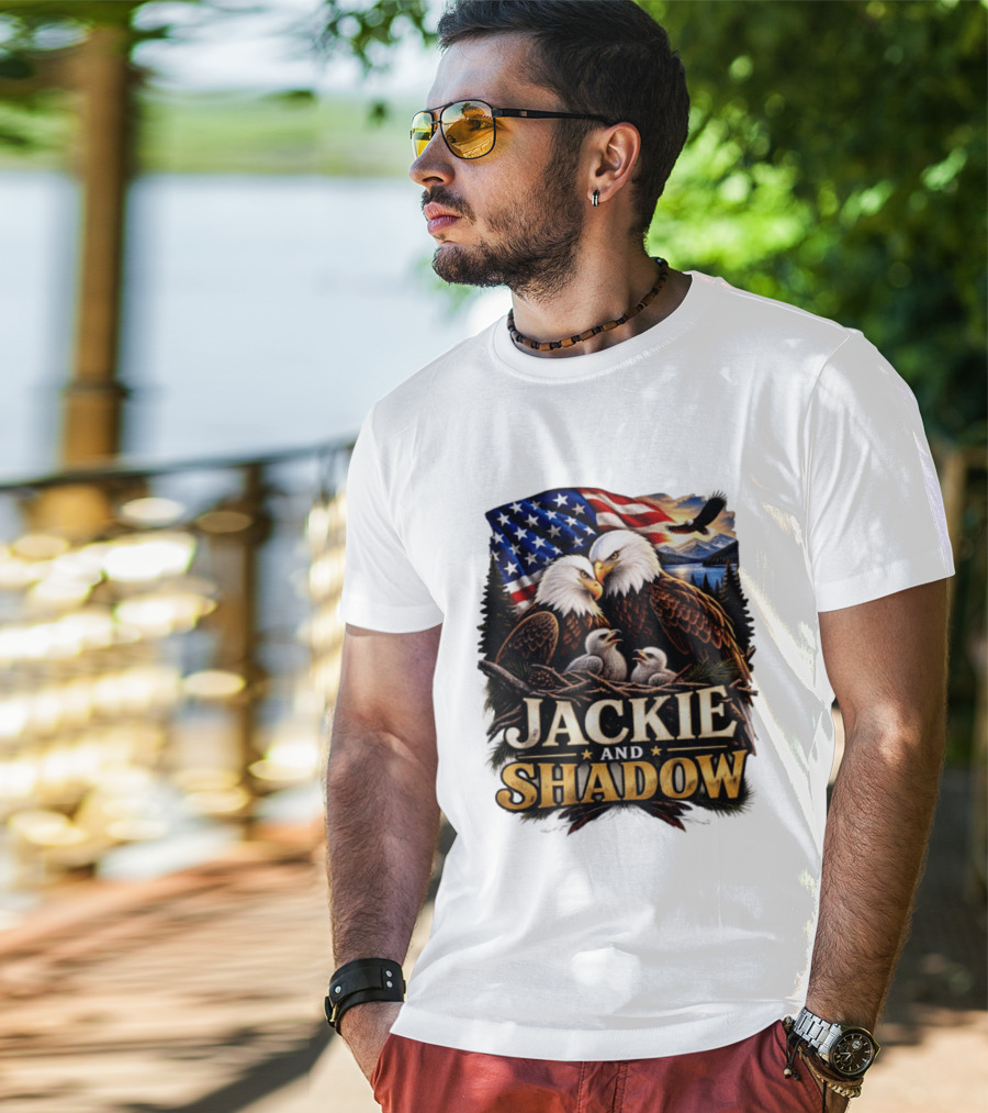 Jackie And Shadow Bald Eagles With American Flag T-Shirt