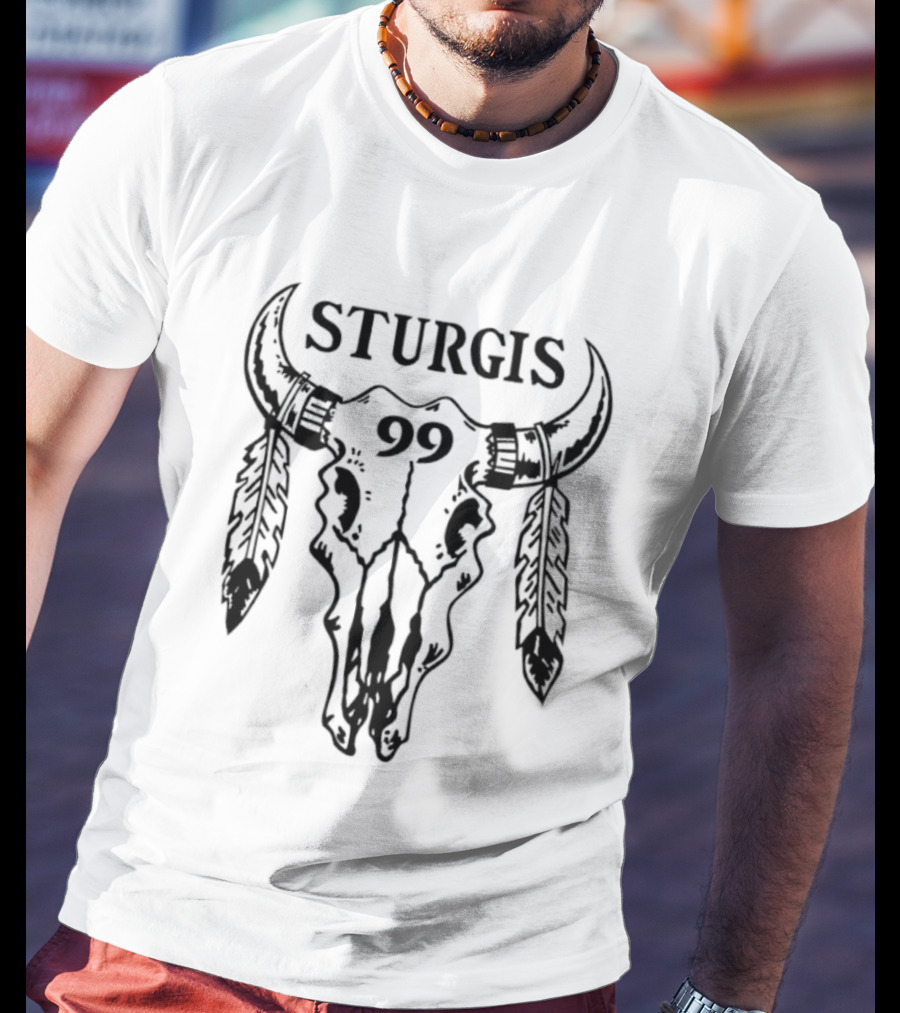 Sturgis 99 Bull Skull Western Biker Feathers T-Shirt
