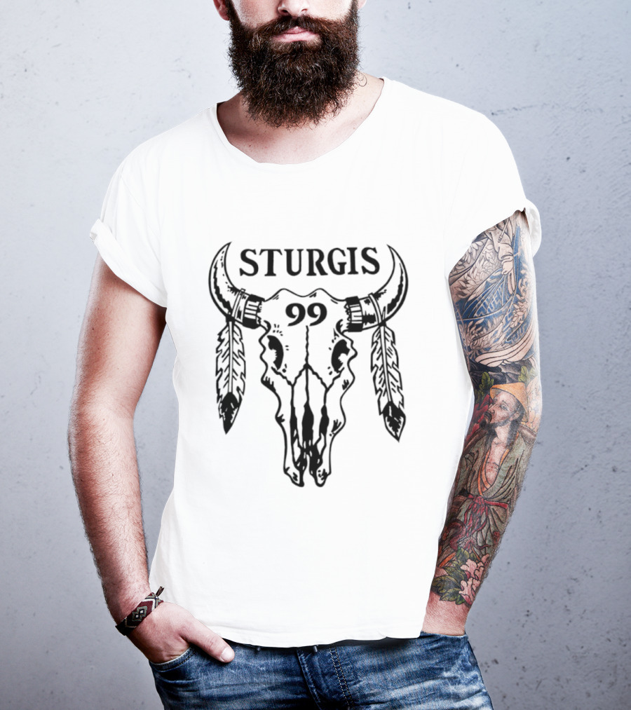 Sturgis 99 Bull Skull Western Biker Feathers T-Shirt