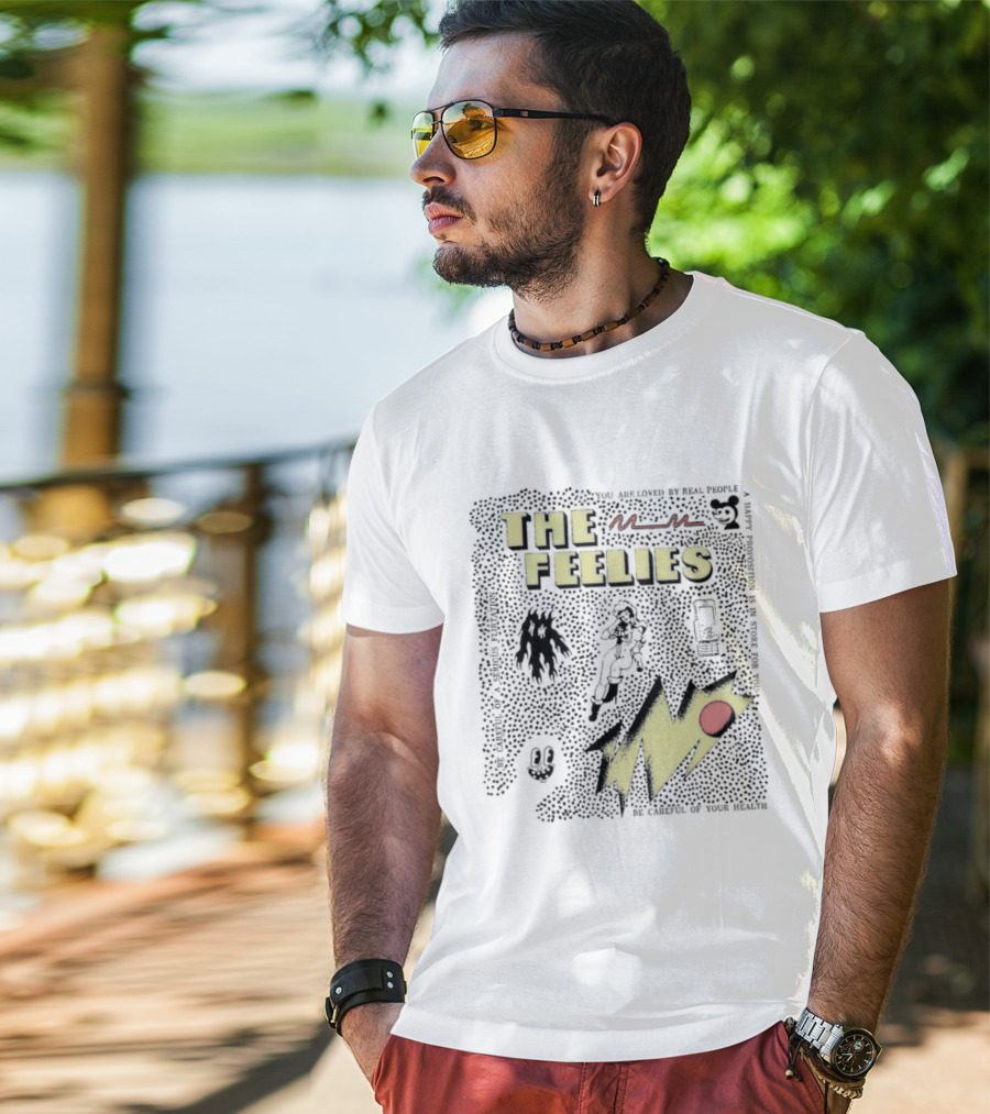 The Feelies Yellow Red Lightning Bolt Circle Band Merch T-Shirt