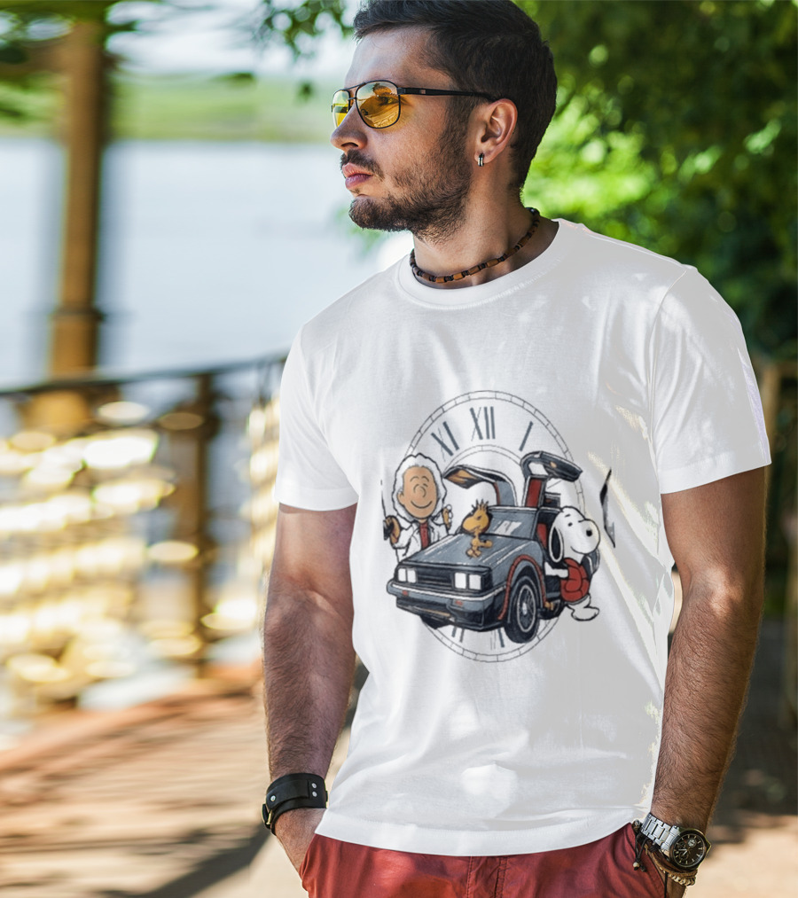 Peanuts Characters With DeLorean Time Machine And T-Shirt