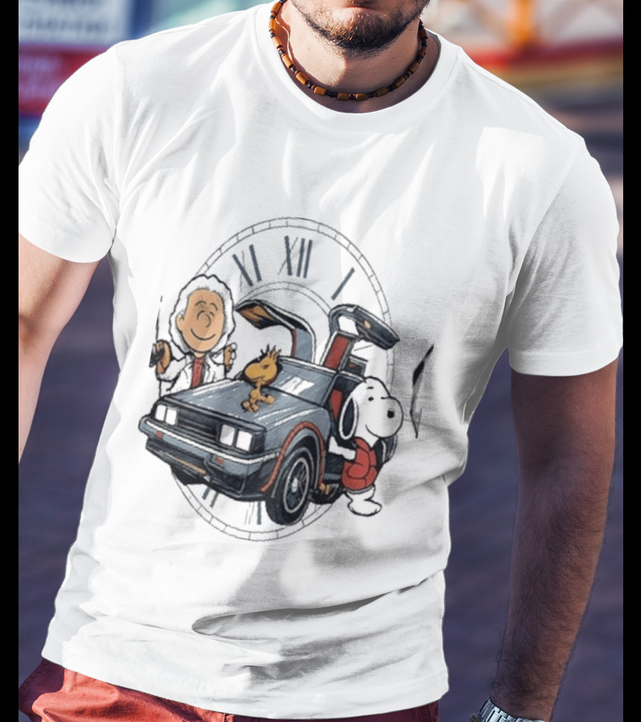 Peanuts Characters With DeLorean Time Machine And T-Shirt