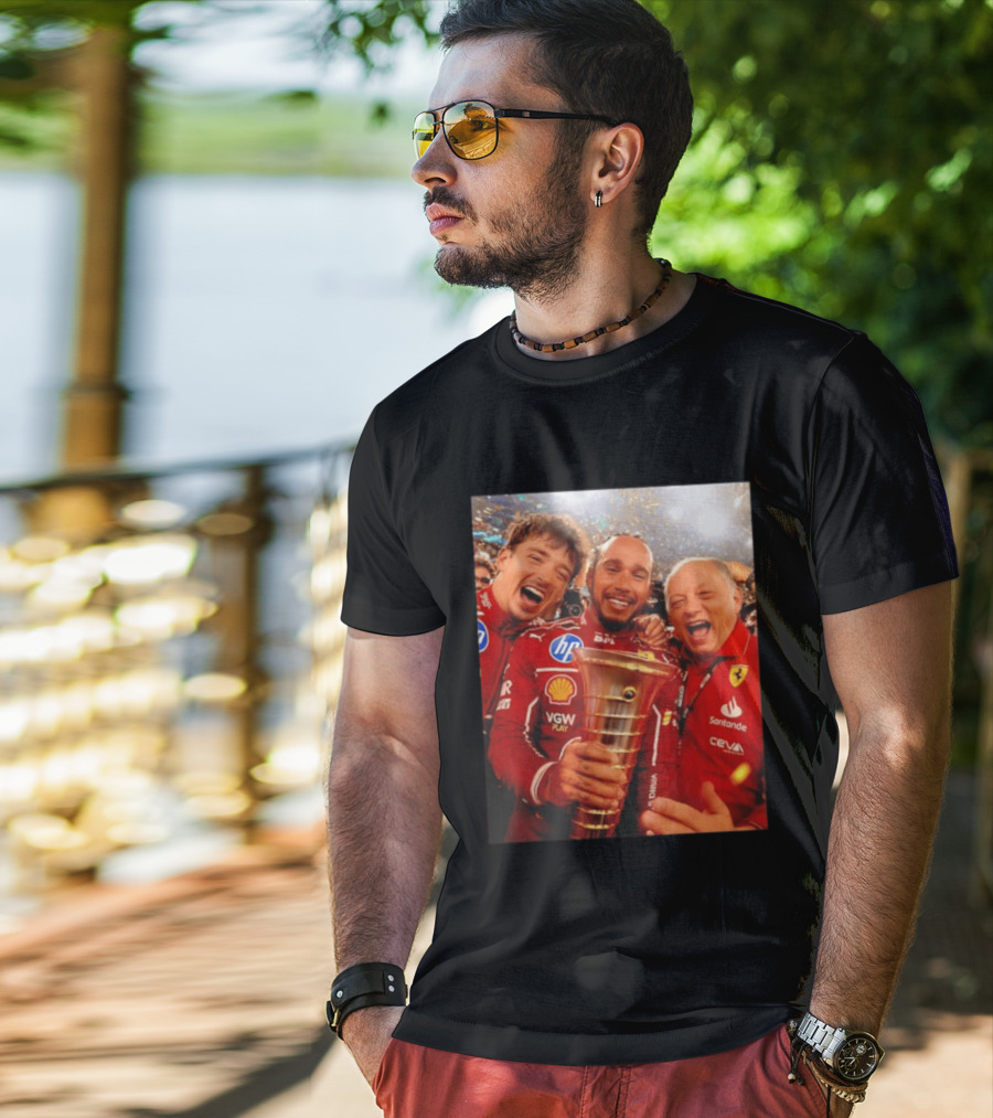 Charles Leclerc Lewis Hamilton Frederic Vasseur Ferrari Victory Celebration Trophy BP Shell Santander CEVA Racing T-Shirt