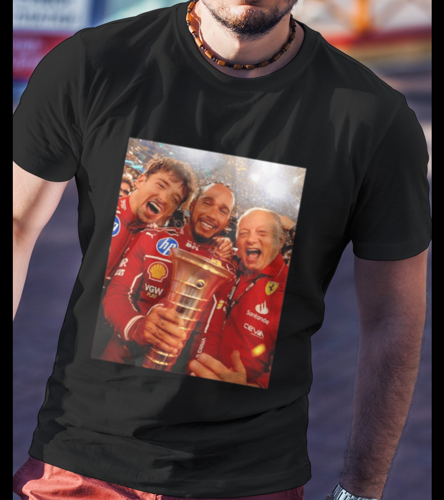 Charles Leclerc Lewis Hamilton Frederic Vasseur Ferrari Victory Celebration Trophy BP Shell Santander CEVA Racing T-Shirt