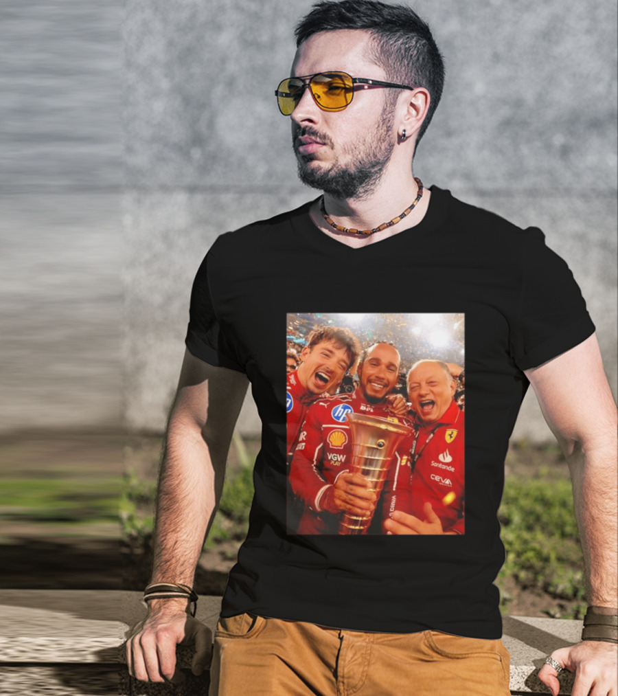 Charles Leclerc Lewis Hamilton Frederic Vasseur Ferrari Victory Celebration Trophy BP Shell Santander CEVA Racing T-Shirt