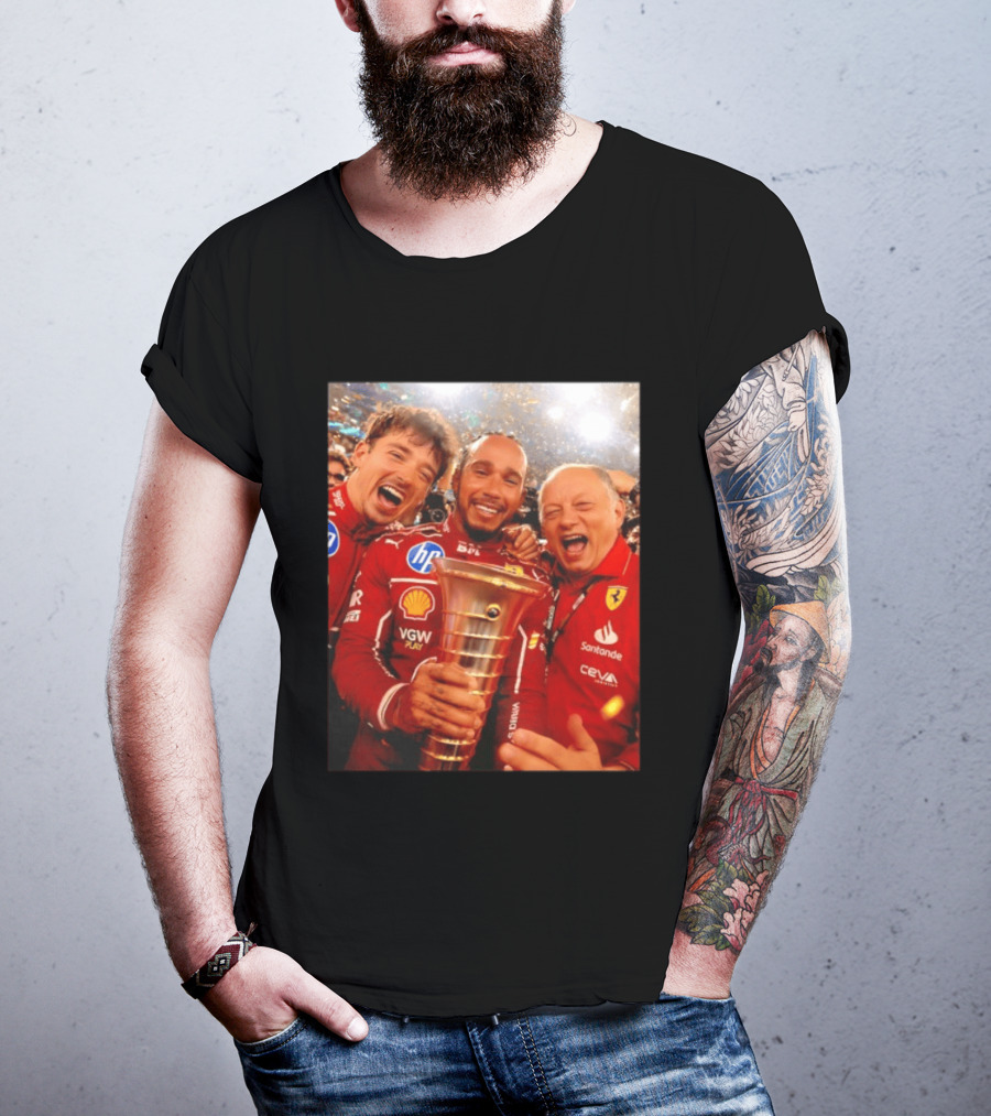 Charles Leclerc Lewis Hamilton Frederic Vasseur Ferrari Victory Celebration Trophy BP Shell Santander CEVA Racing T-Shirt